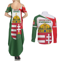 Hungary Couples Matching Summer Maxi Dress and Long Sleeve Button Shirt with Budapest Heart Illustration Design and Crown Emblem - Wonder Print Shop