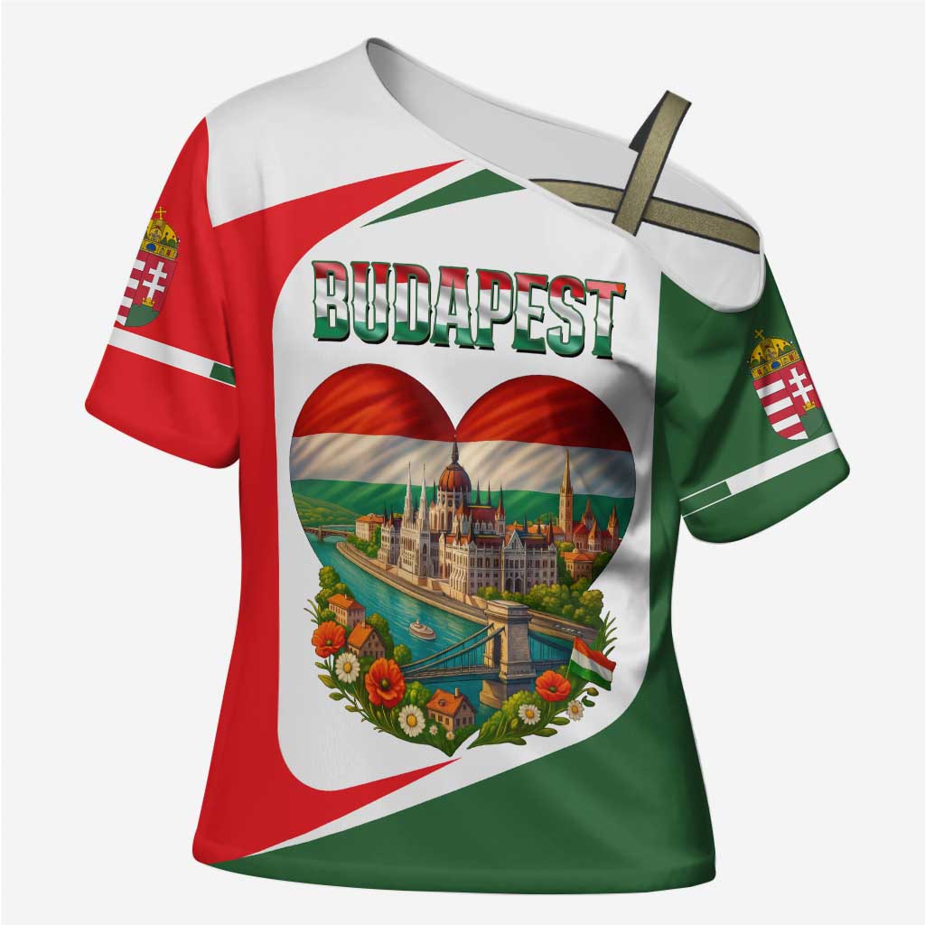 Hungary Cross Shoulder Shirt with Budapest Heart Illustration Design and Crown Emblem - Wonder Print Shop