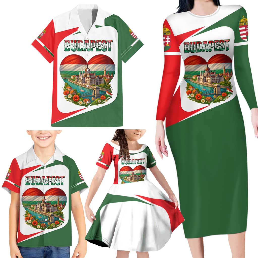 Hungary Family Matching Long Sleeve Bodycon Dress and Hawaiian Shirt with Budapest Heart Illustration Design and Crown Emblem - Wonder Print Shop