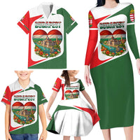 Hungary Family Matching Long Sleeve Bodycon Dress and Hawaiian Shirt with Budapest Heart Illustration Design and Crown Emblem - Wonder Print Shop