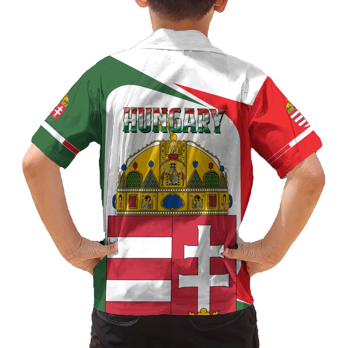 Hungary Family Matching Off The Shoulder Long Sleeve Dress and Hawaiian Shirt with Budapest Heart Illustration Design and Crown Emblem - Wonder Print Shop