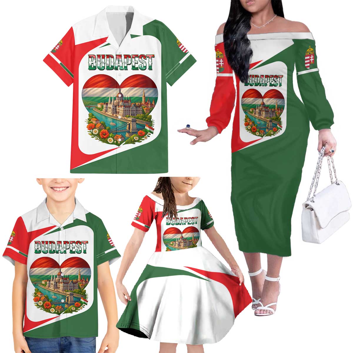 Hungary Family Matching Off The Shoulder Long Sleeve Dress and Hawaiian Shirt with Budapest Heart Illustration Design and Crown Emblem - Wonder Print Shop