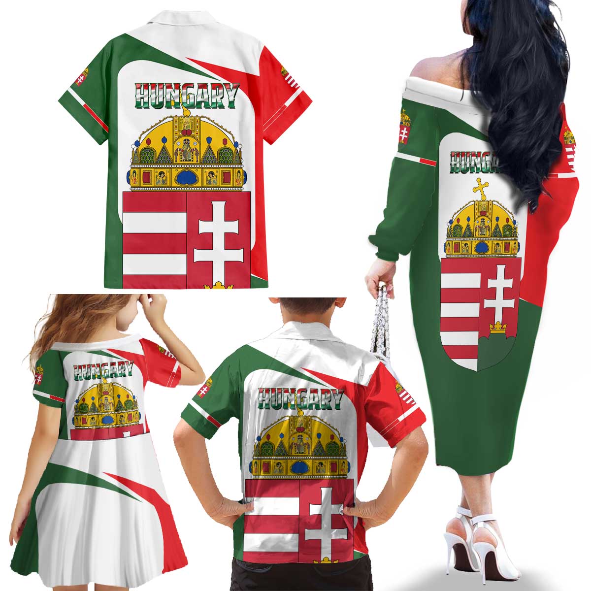 Hungary Family Matching Off The Shoulder Long Sleeve Dress and Hawaiian Shirt with Budapest Heart Illustration Design and Crown Emblem - Wonder Print Shop