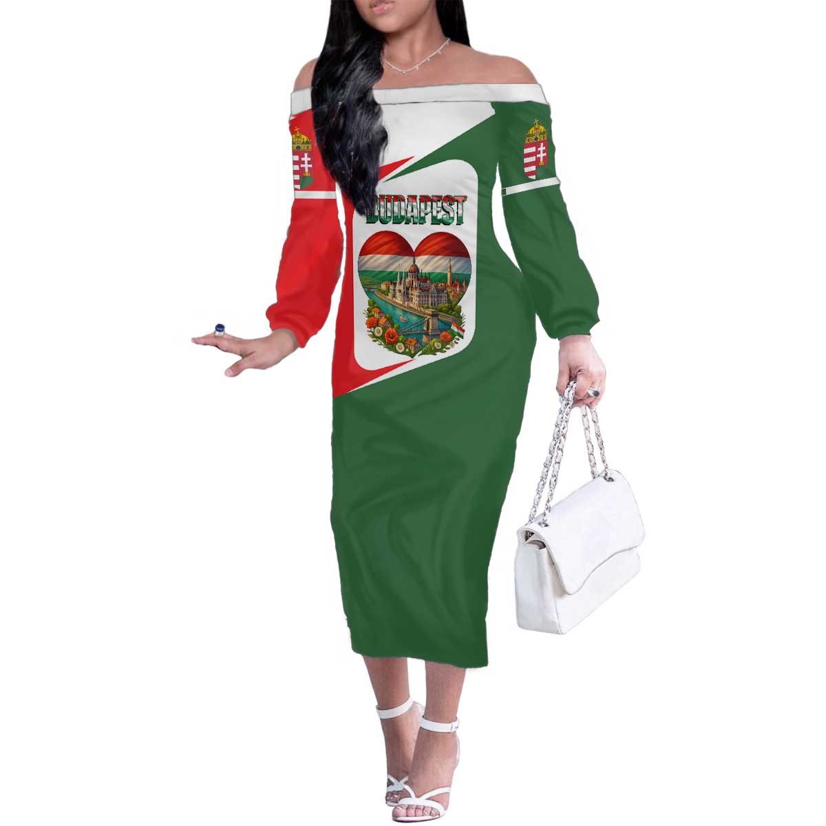 Hungary Family Matching Off The Shoulder Long Sleeve Dress and Hawaiian Shirt with Budapest Heart Illustration Design and Crown Emblem - Wonder Print Shop