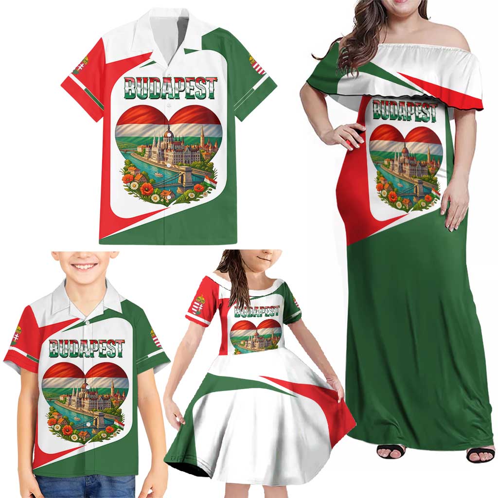Hungary Family Matching Off Shoulder Maxi Dress and Hawaiian Shirt with Budapest Heart Illustration Design and Crown Emblem - Wonder Print Shop