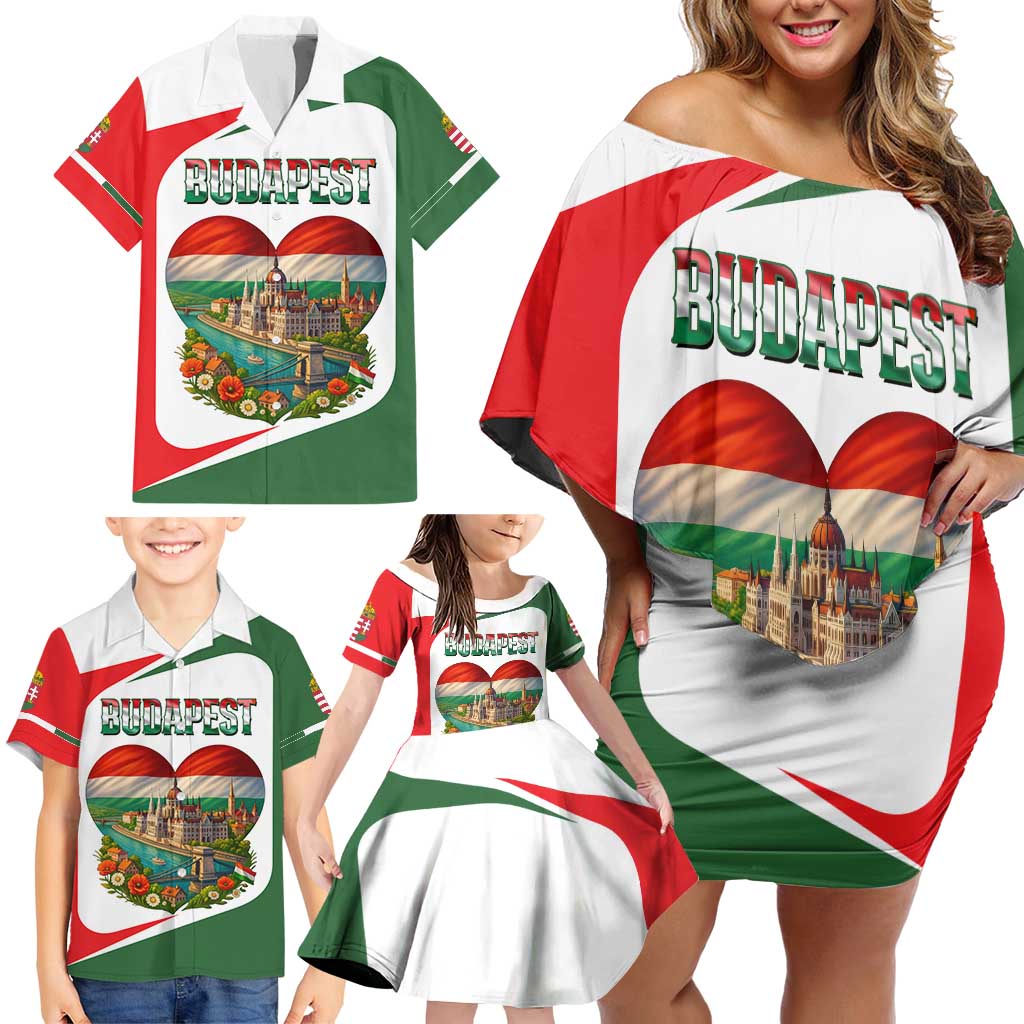 Hungary Family Matching Off Shoulder Short Dress and Hawaiian Shirt with Budapest Heart Illustration Design and Crown Emblem - Wonder Print Shop