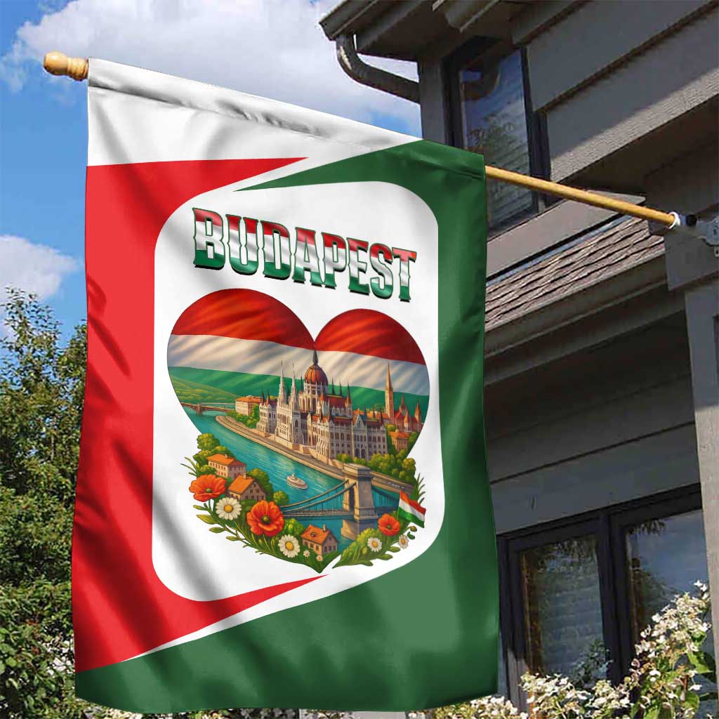 Hungary Garden Flag with Budapest Heart Illustration Design and Crown Emblem - Wonder Print Shop