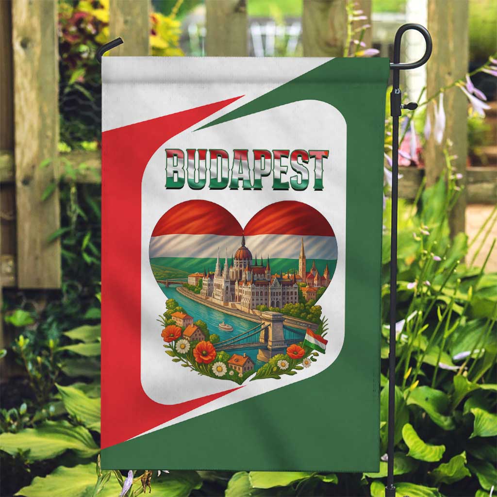 Hungary Garden Flag with Budapest Heart Illustration Design and Crown Emblem - Wonder Print Shop