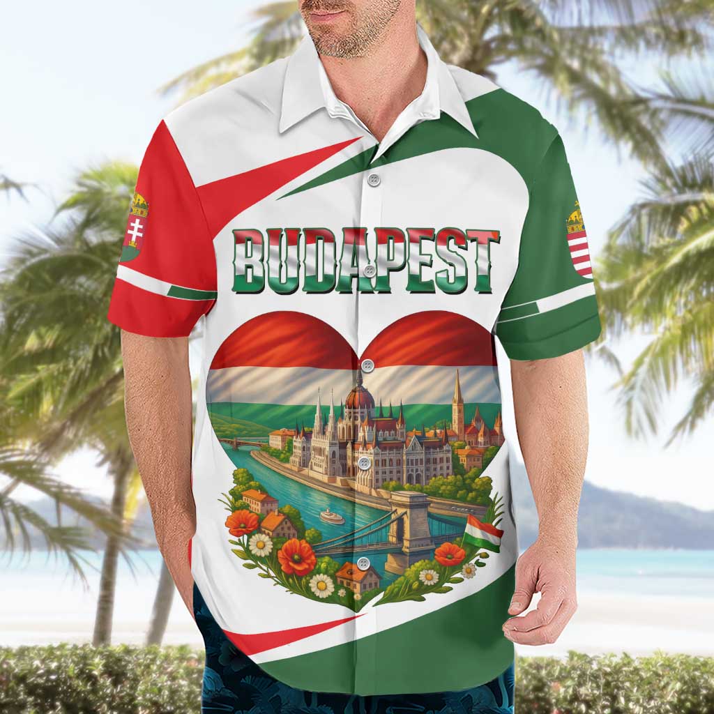 Hungary Hawaiian Shirt with Budapest Heart Illustration Design and Crown Emblem - Wonder Print Shop