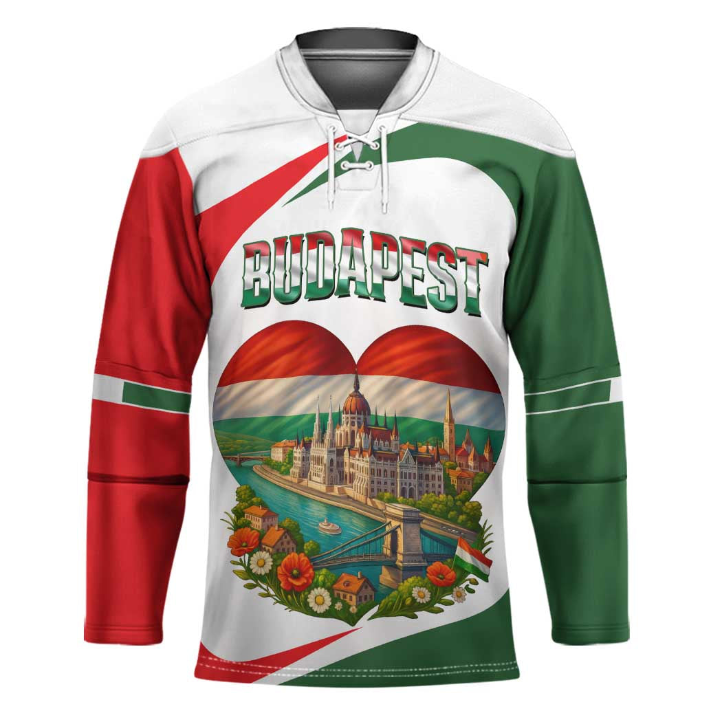 Hungary Hockey Jersey with Budapest Heart Illustration Design and Crown Emblem - Wonder Print Shop
