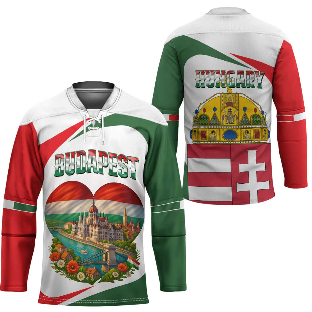 Hungary Hockey Jersey with Budapest Heart Illustration Design and Crown Emblem - Wonder Print Shop
