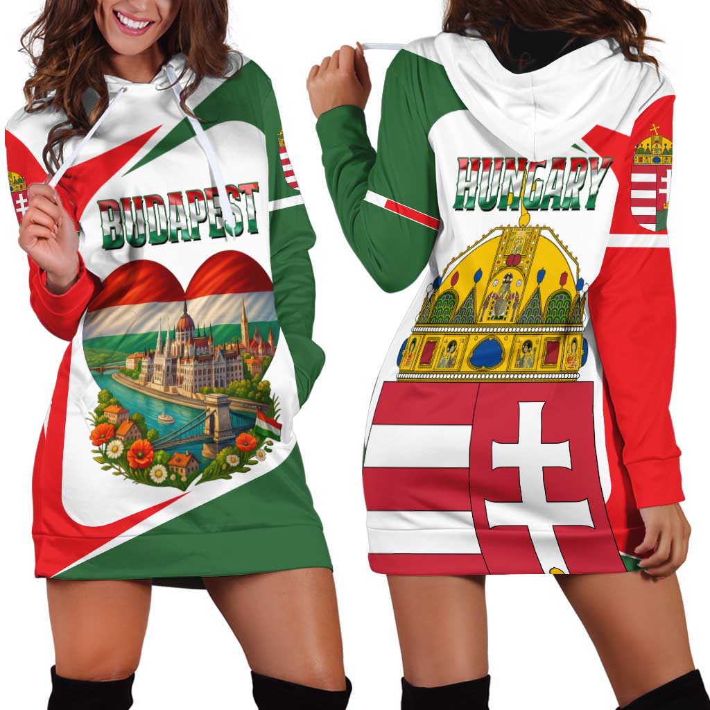 Hungary Hoodie Dress with Budapest Heart Illustration Design and Crown Emblem - Wonder Print Shop