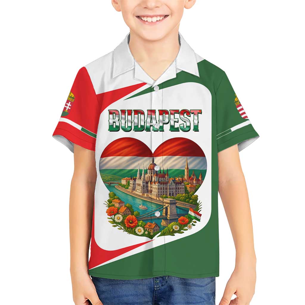 Hungary Kid Hawaiian Shirt with Budapest Heart Illustration Design and Crown Emblem - Wonder Print Shop