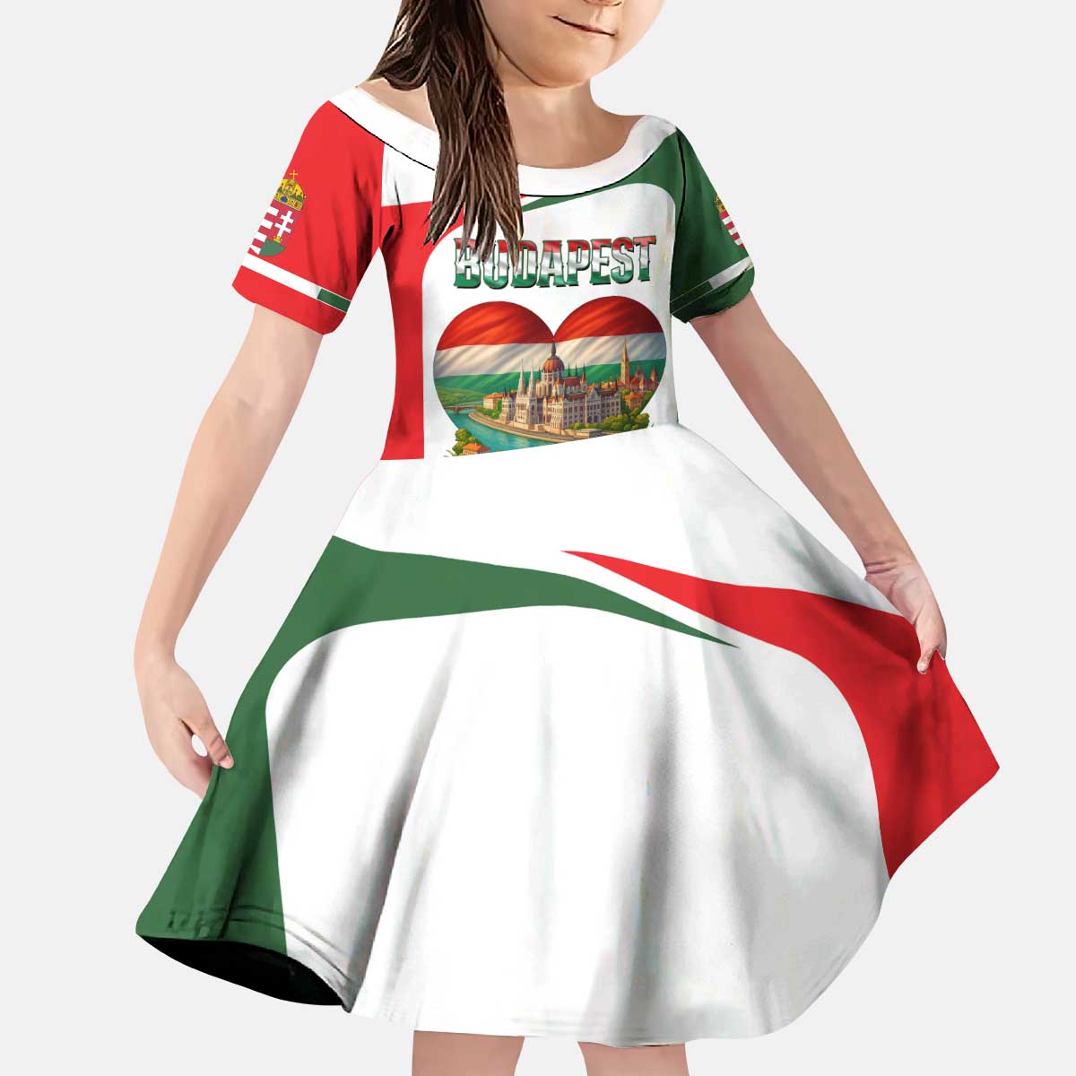 Hungary Kid Short Sleeve Dress with Budapest Heart Illustration Design and Crown Emblem - Wonder Print Shop