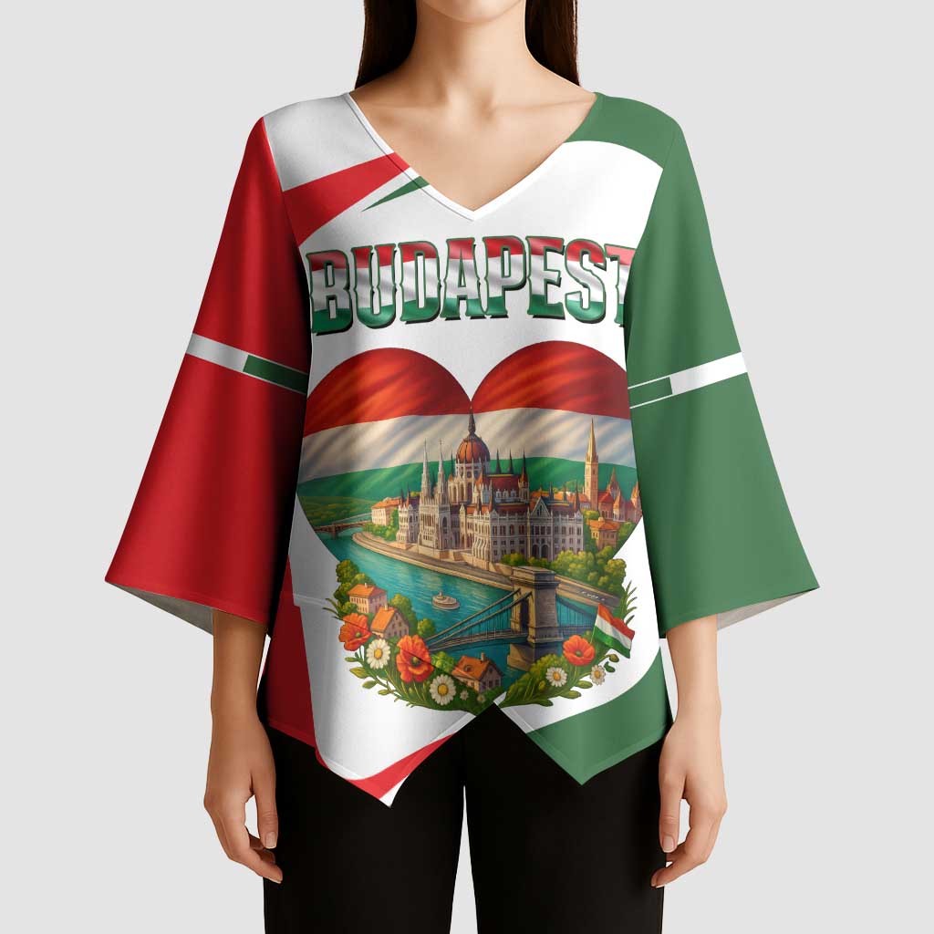 Hungary Kimono Sleeve Blouse with Budapest Heart Illustration Design and Crown Emblem - Wonder Print Shop