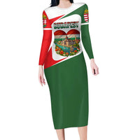 Hungary Long Sleeve Bodycon Dress with Budapest Heart Illustration Design and Crown Emblem - Wonder Print Shop