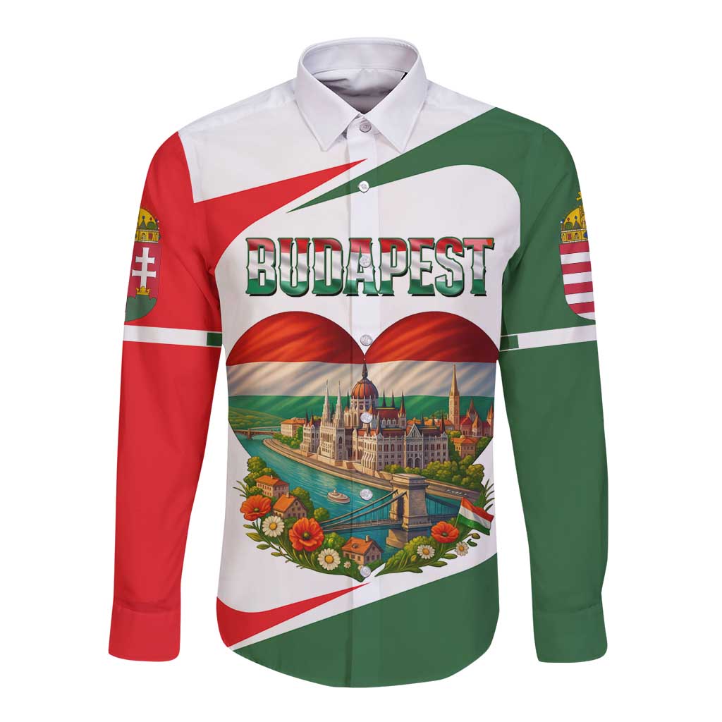Hungary Long Sleeve Button Shirt with Budapest Heart Illustration Design and Crown Emblem - Wonder Print Shop