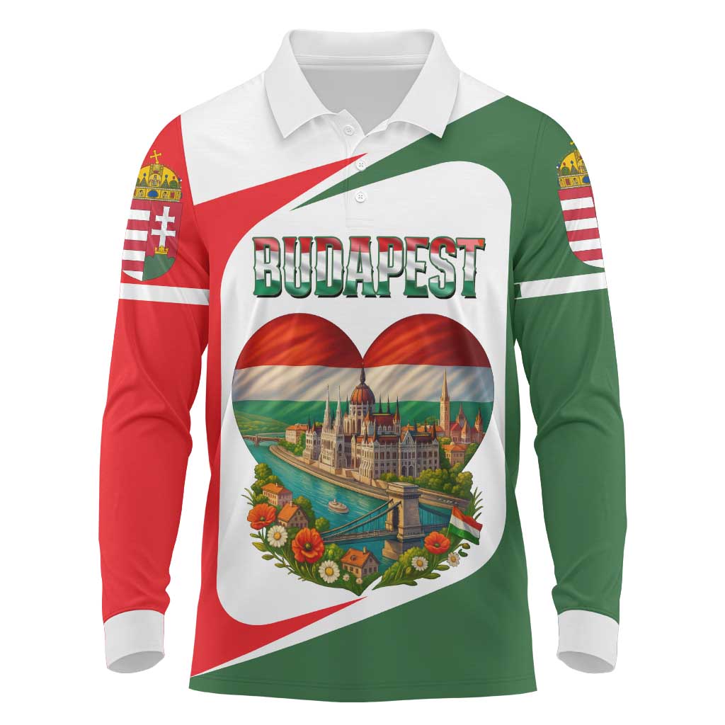 Hungary Long Sleeve Polo Shirt with Budapest Heart Illustration Design and Crown Emblem - Wonder Print Shop