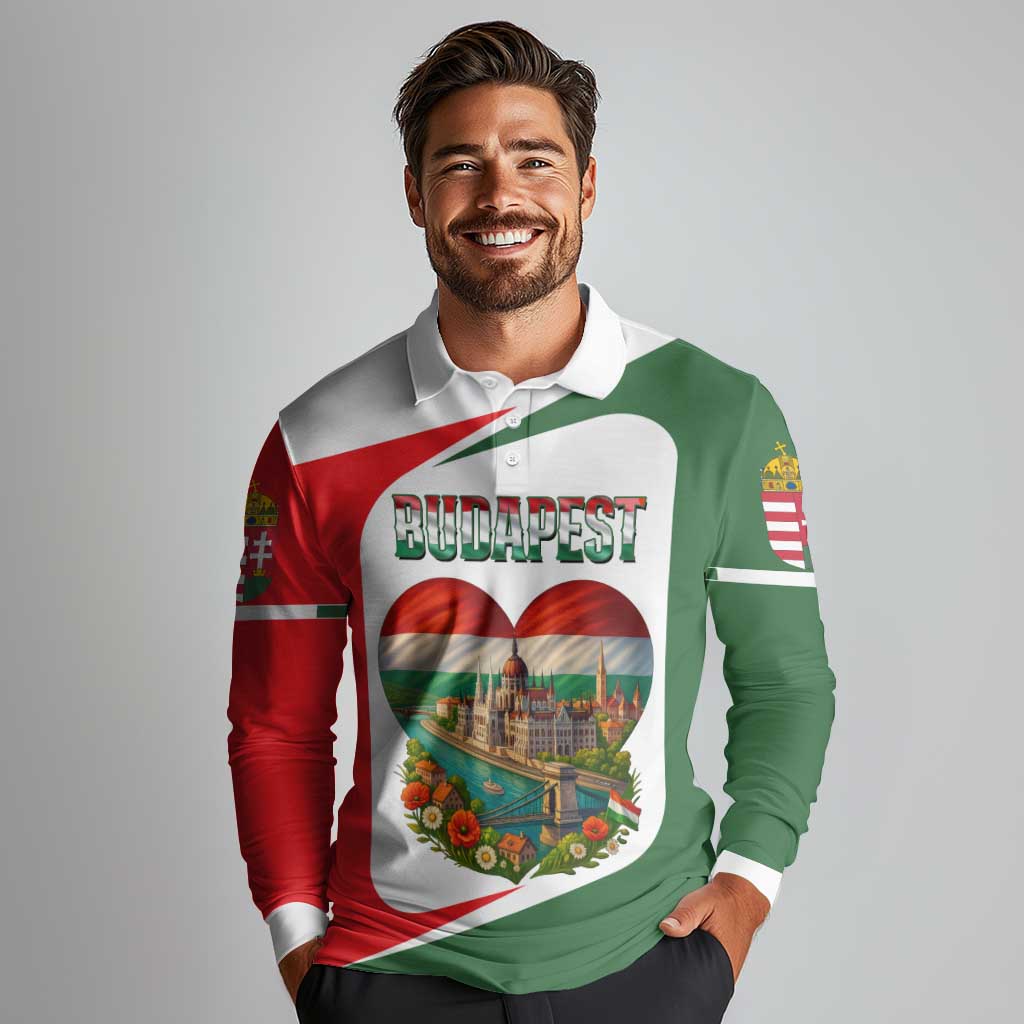 Hungary Long Sleeve Polo Shirt with Budapest Heart Illustration Design and Crown Emblem - Wonder Print Shop