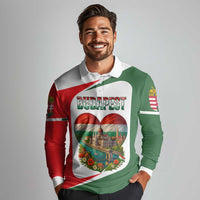 Hungary Long Sleeve Polo Shirt with Budapest Heart Illustration Design and Crown Emblem - Wonder Print Shop