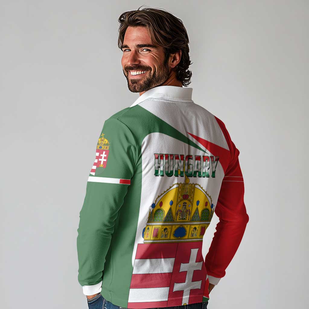 Hungary Long Sleeve Polo Shirt with Budapest Heart Illustration Design and Crown Emblem - Wonder Print Shop