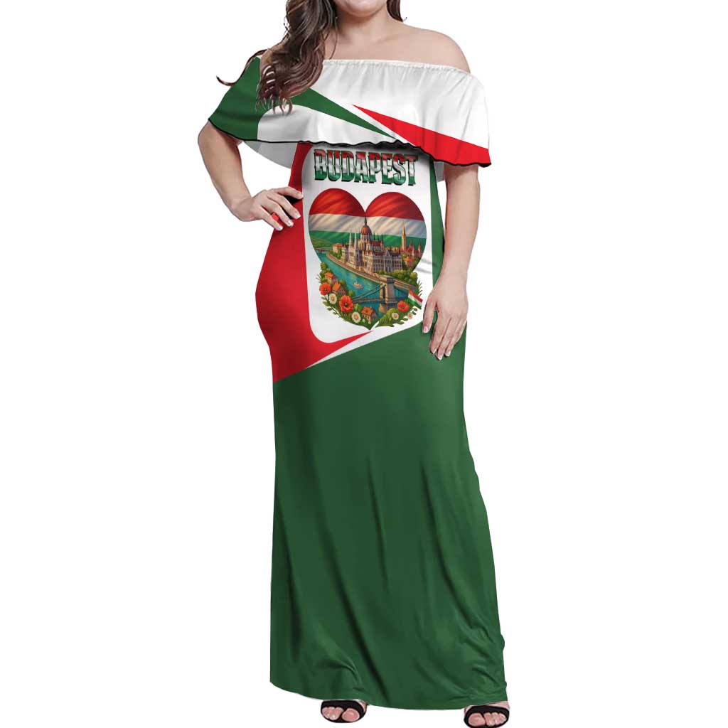 Hungary Off Shoulder Maxi Dress with Budapest Heart Illustration Design and Crown Emblem - Wonder Print Shop