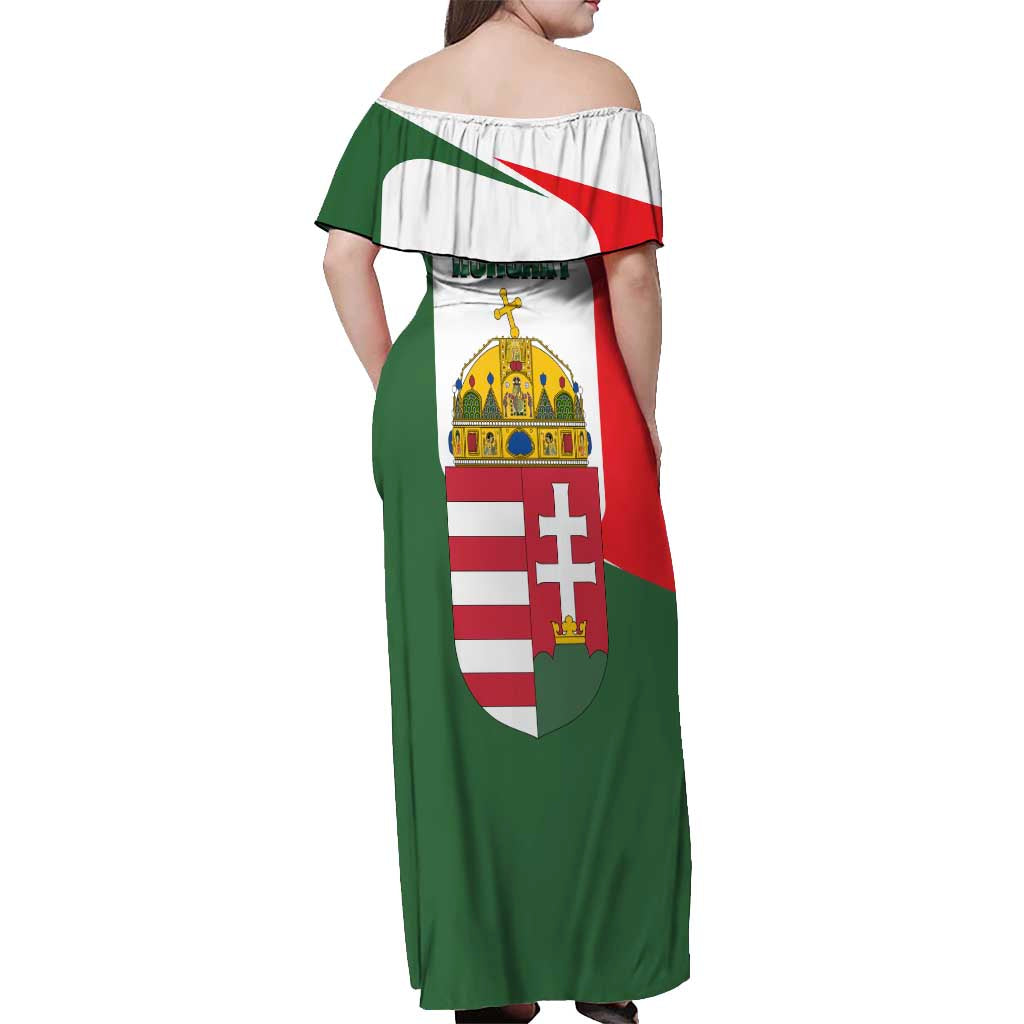 Hungary Off Shoulder Maxi Dress with Budapest Heart Illustration Design and Crown Emblem - Wonder Print Shop
