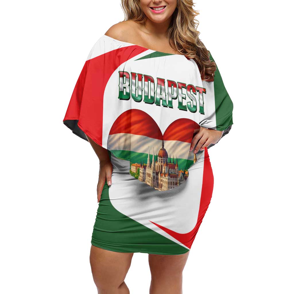 Hungary Off Shoulder Short Dress with Budapest Heart Illustration Design and Crown Emblem - Wonder Print Shop