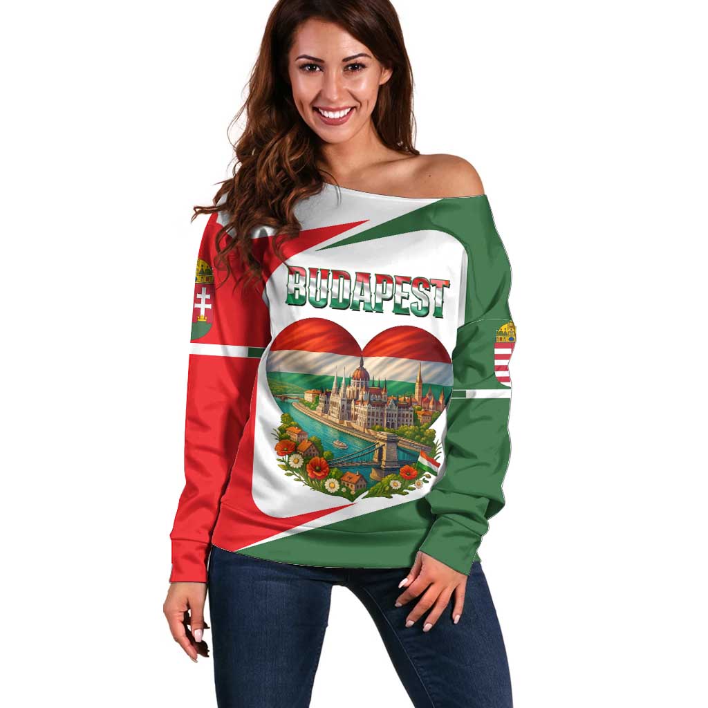 Hungary Off Shoulder Sweater with Budapest Heart Illustration Design and Crown Emblem - Wonder Print Shop