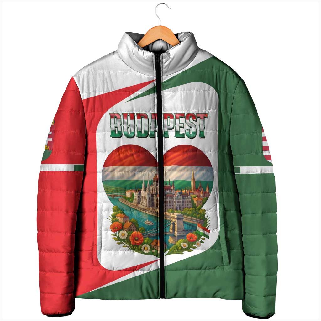 Hungary Padded Jacket with Budapest Heart Illustration Design and Crown Emblem - Wonder Print Shop
