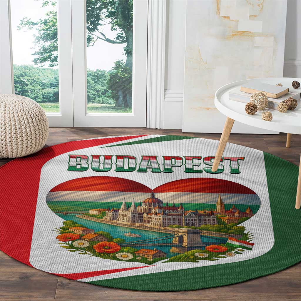 Hungary Round Carpet with Budapest Heart Illustration Design and Crown Emblem - Wonder Print Shop