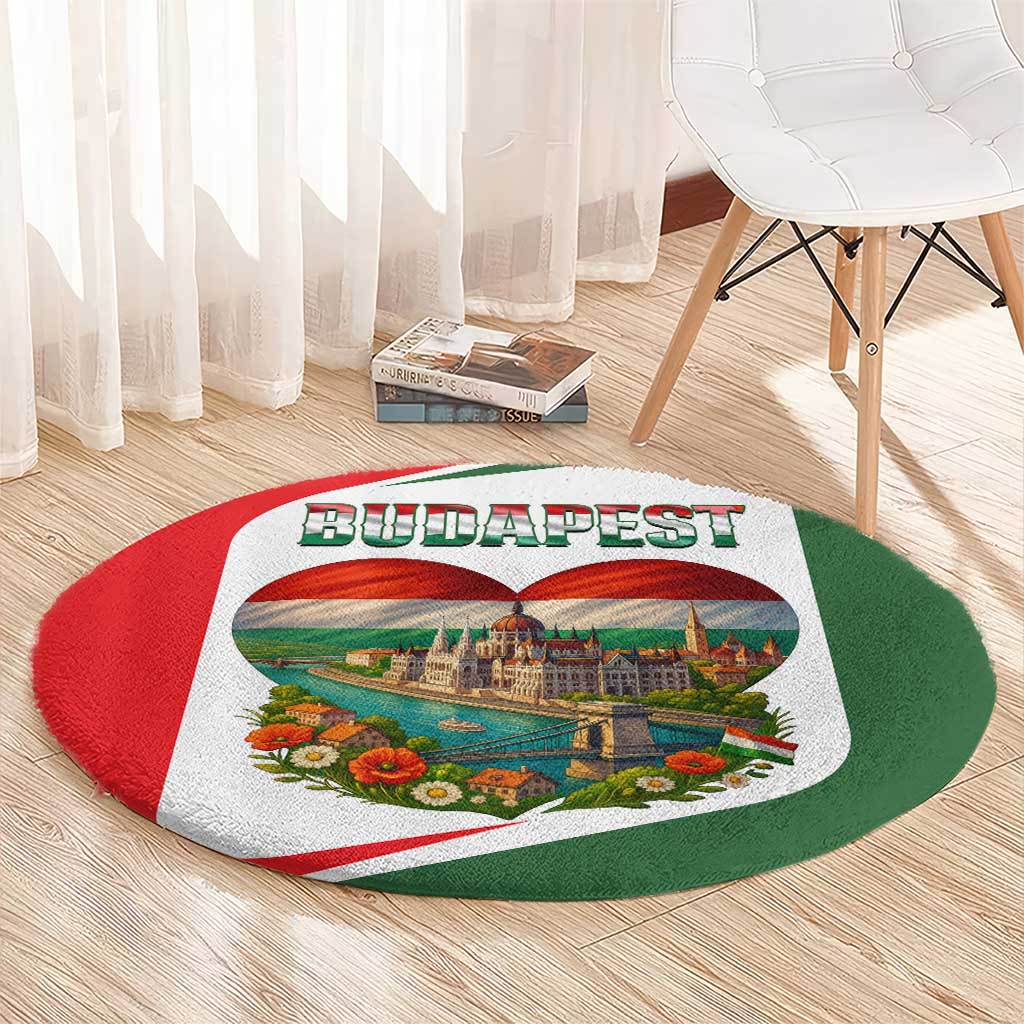 Hungary Round Carpet with Budapest Heart Illustration Design and Crown Emblem - Wonder Print Shop