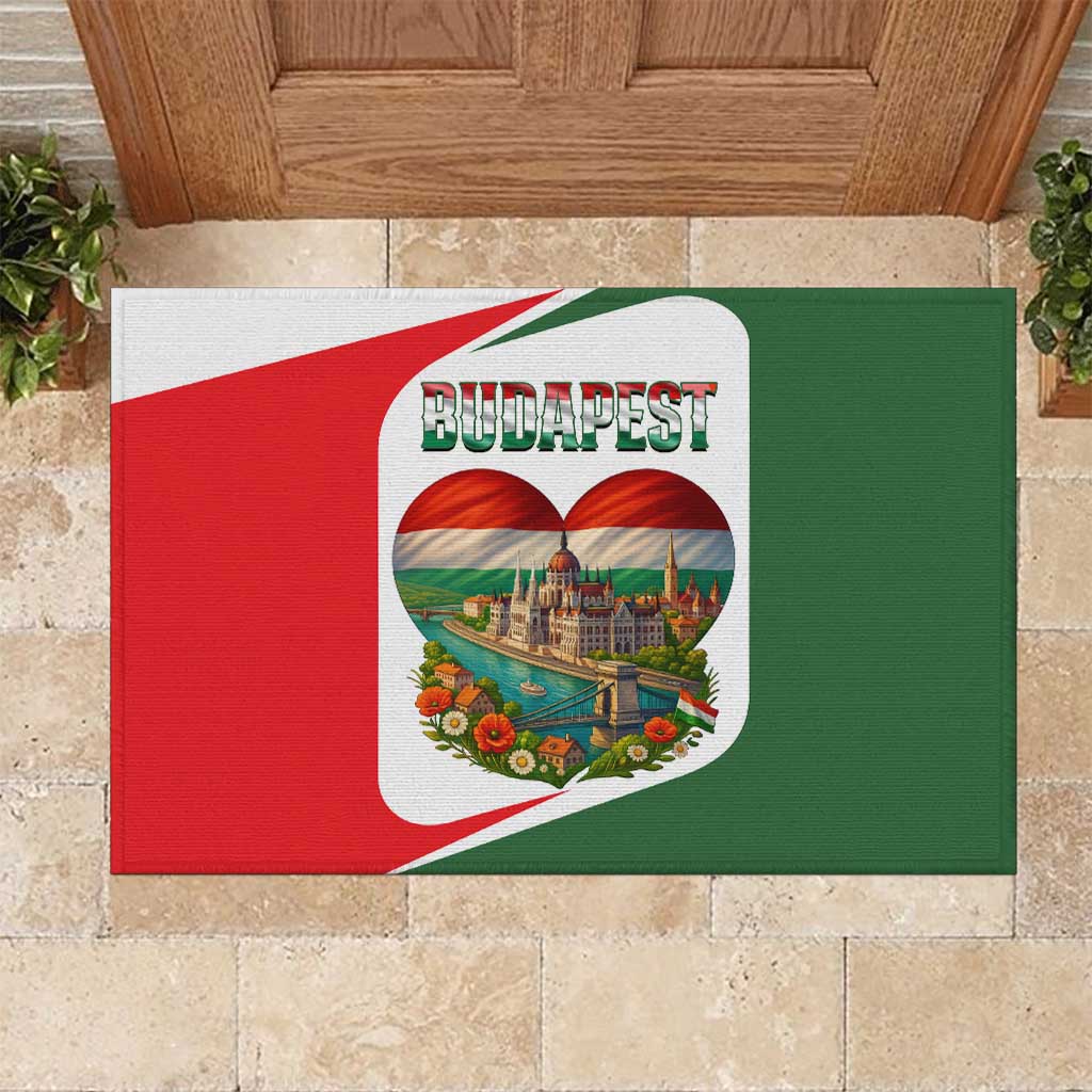 Hungary Rubber Doormat with Budapest Heart Illustration Design and Crown Emblem - Wonder Print Shop