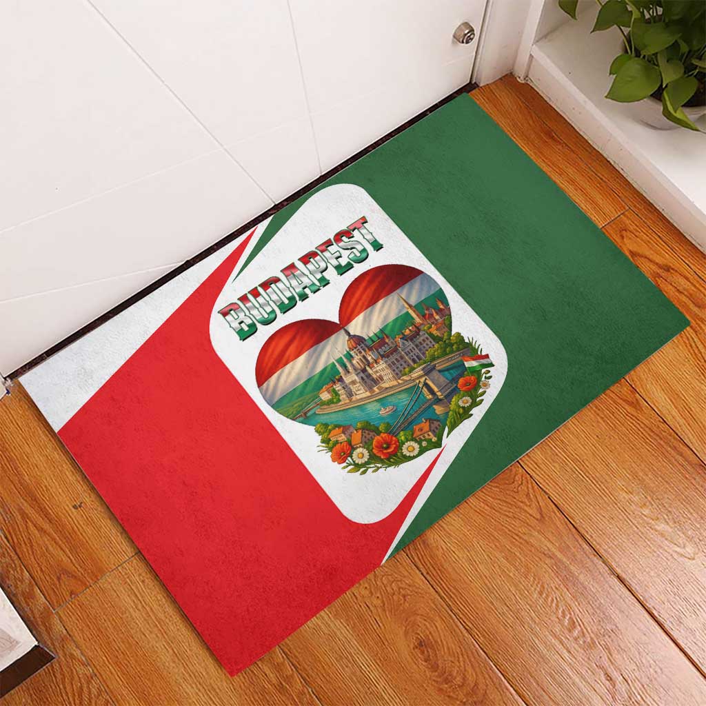 Hungary Rubber Doormat with Budapest Heart Illustration Design and Crown Emblem - Wonder Print Shop