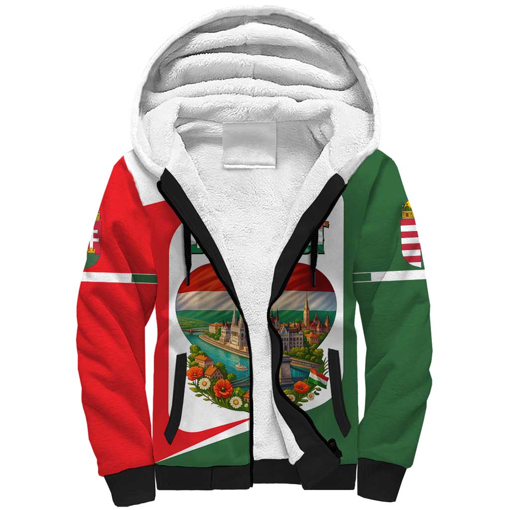 Hungary Sherpa Hoodie with Budapest Heart Illustration Design and Crown Emblem - Wonder Print Shop