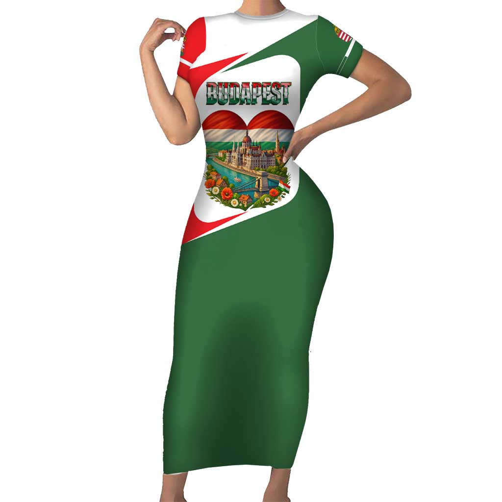 Hungary Short Sleeve Bodycon Dress with Budapest Heart Illustration Design and Crown Emblem - Wonder Print Shop