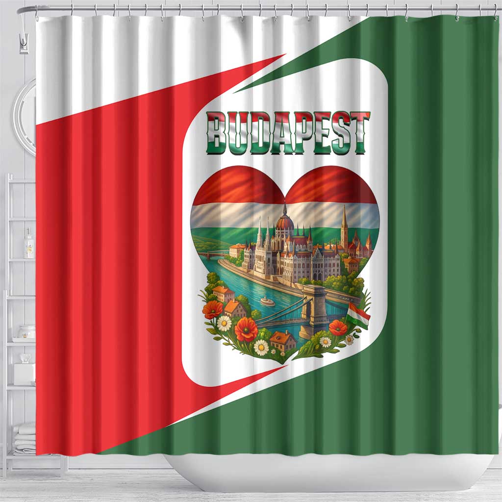 Hungary Shower Curtain with Budapest Heart Illustration Design and Crown Emblem - Wonder Print Shop