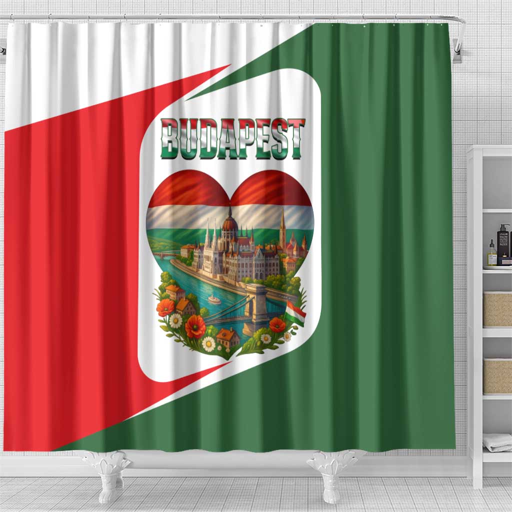 Hungary Shower Curtain with Budapest Heart Illustration Design and Crown Emblem - Wonder Print Shop