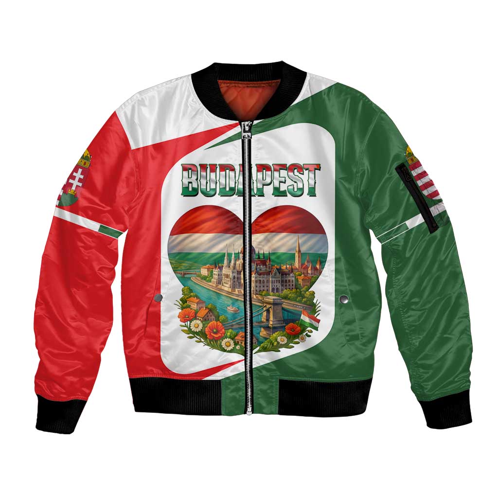 Hungary Sleeve Zip Bomber Jacket with Budapest Heart Illustration Design and Crown Emblem - Wonder Print Shop