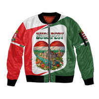 Hungary Sleeve Zip Bomber Jacket with Budapest Heart Illustration Design and Crown Emblem - Wonder Print Shop