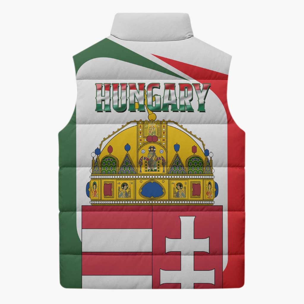 Hungary Sleeveless Puffer Jacket with Budapest Heart Illustration Design and Crown Emblem - Wonder Print Shop