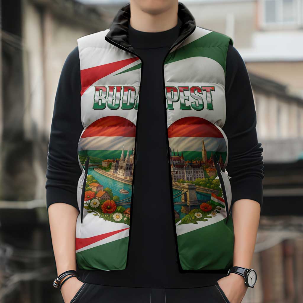 Hungary Sleeveless Puffer Jacket with Budapest Heart Illustration Design and Crown Emblem - Wonder Print Shop