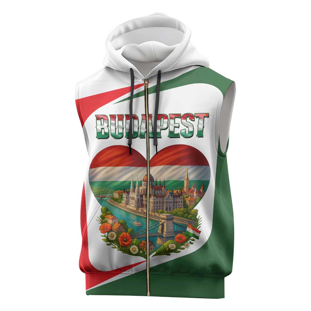 Hungary Sleeveless Zip Hoodie with Budapest Heart Illustration Design and Crown Emblem - Wonder Print Shop