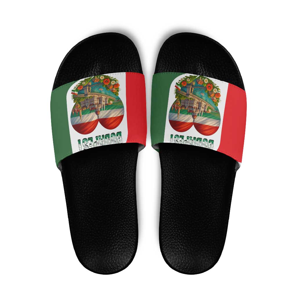Hungary Slide Sandals with Budapest Heart Illustration Design and Crown Emblem - Wonder Print Shop