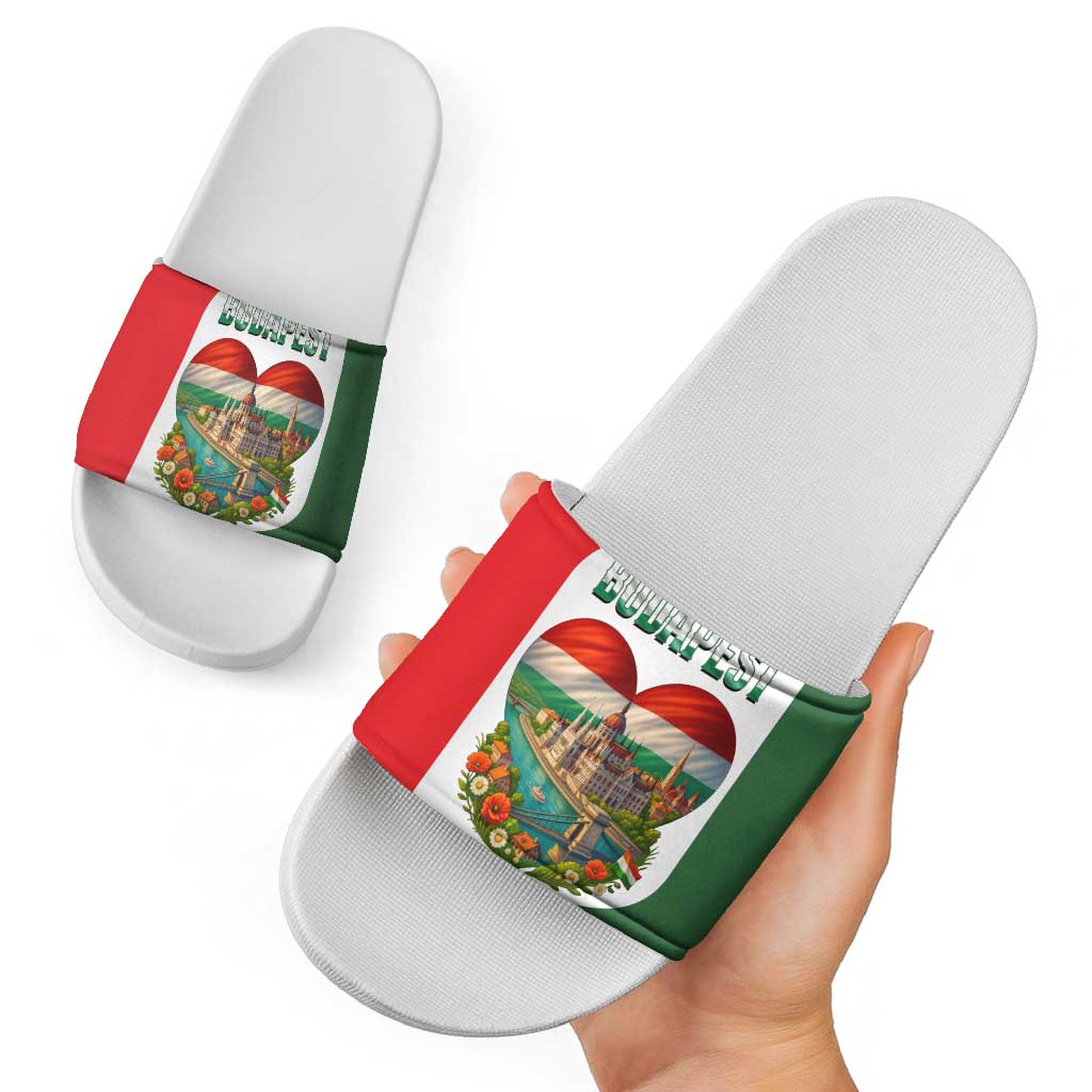 Hungary Slide Sandals with Budapest Heart Illustration Design and Crown Emblem - Wonder Print Shop