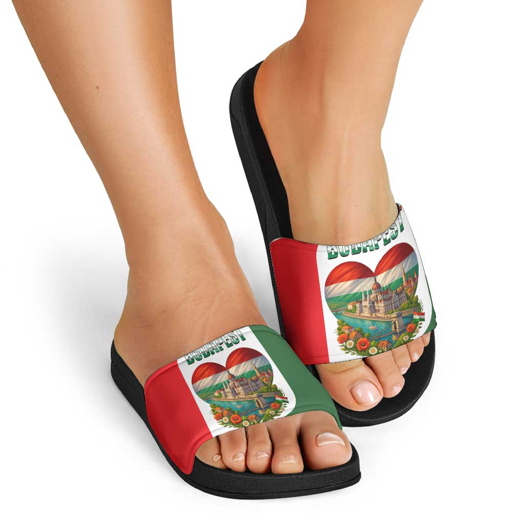 Hungary Slide Sandals with Budapest Heart Illustration Design and Crown Emblem - Wonder Print Shop