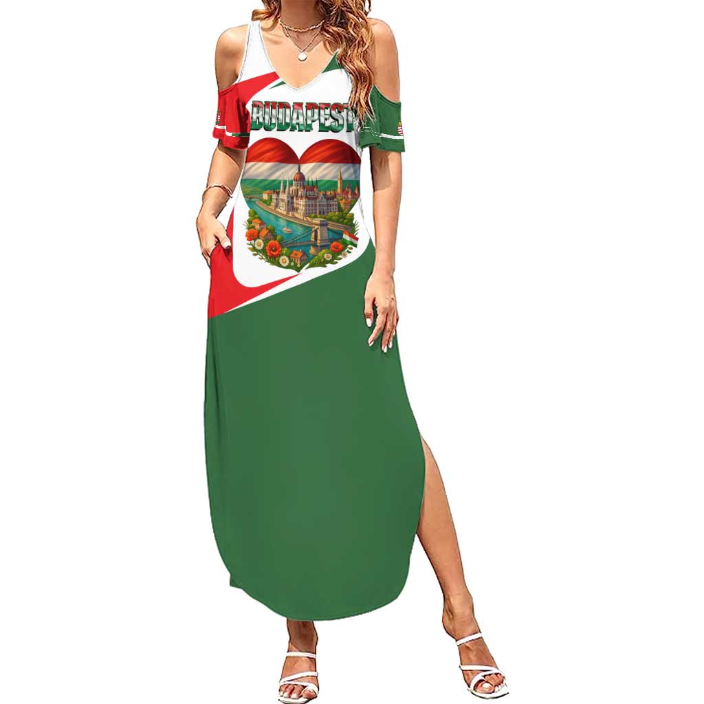 Hungary Summer Maxi Dress with Budapest Heart Illustration Design and Crown Emblem - Wonder Print Shop