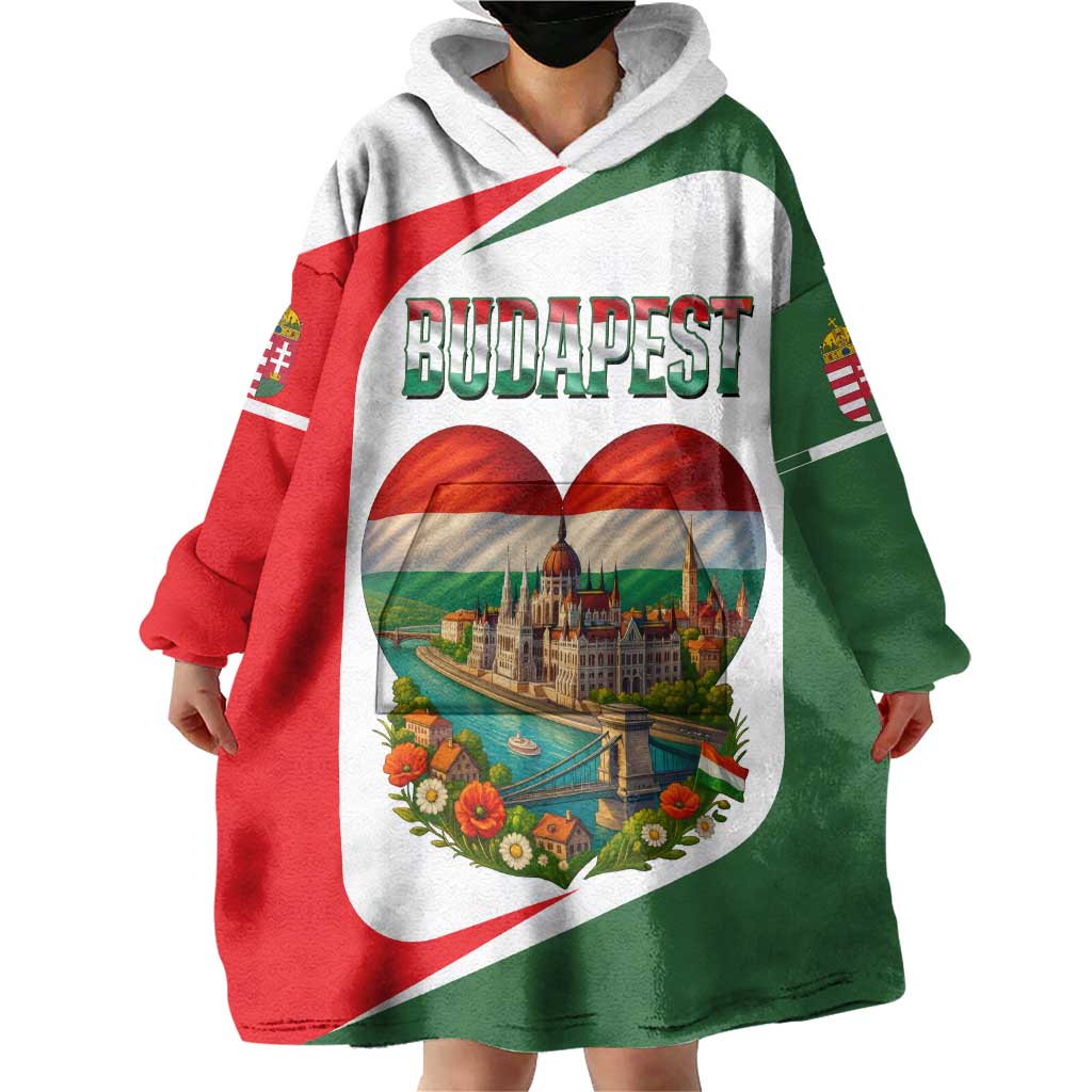 Hungary Wearable Blanket Hoodie with Budapest Heart Illustration Design and Crown Emblem - Wonder Print Shop