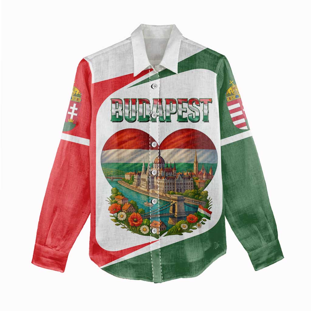 Hungary Women Casual Shirt with Budapest Heart Illustration Design and Crown Emblem - Wonder Print Shop