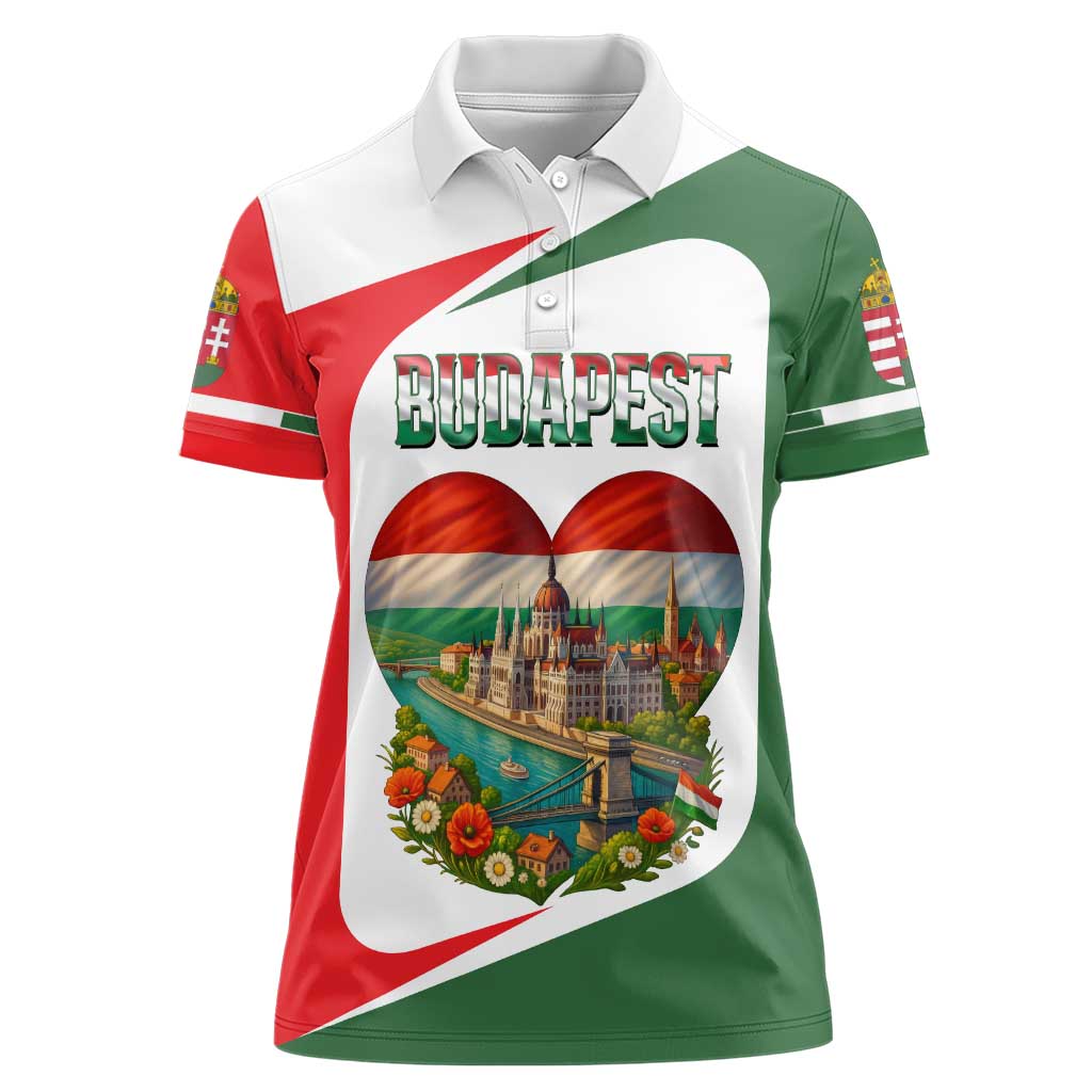 Hungary Women Polo Shirt with Budapest Heart Illustration Design and Crown Emblem - Wonder Print Shop